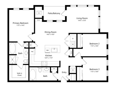 Floor plan for 3 beds, 2 baths, 1341 sqft